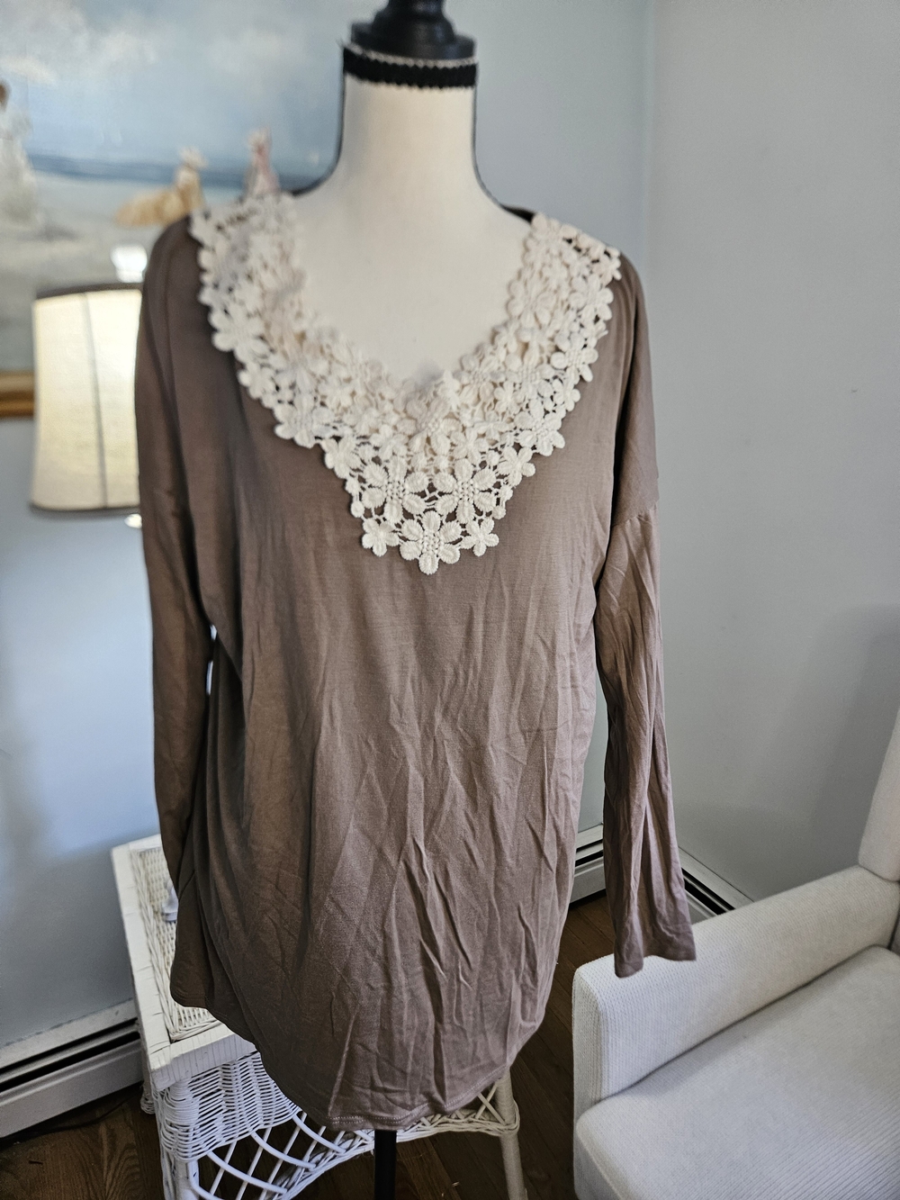 Taupe Long-Sleeve Top with Ivory Crochet V-Neck P40